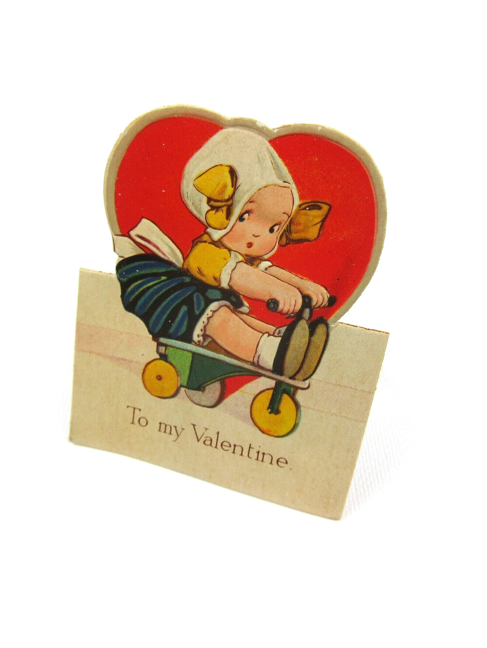 Vintage Valentine Card Cutout Stand Up Dutch Girl On Tricycle Bavaria UNSIGNED